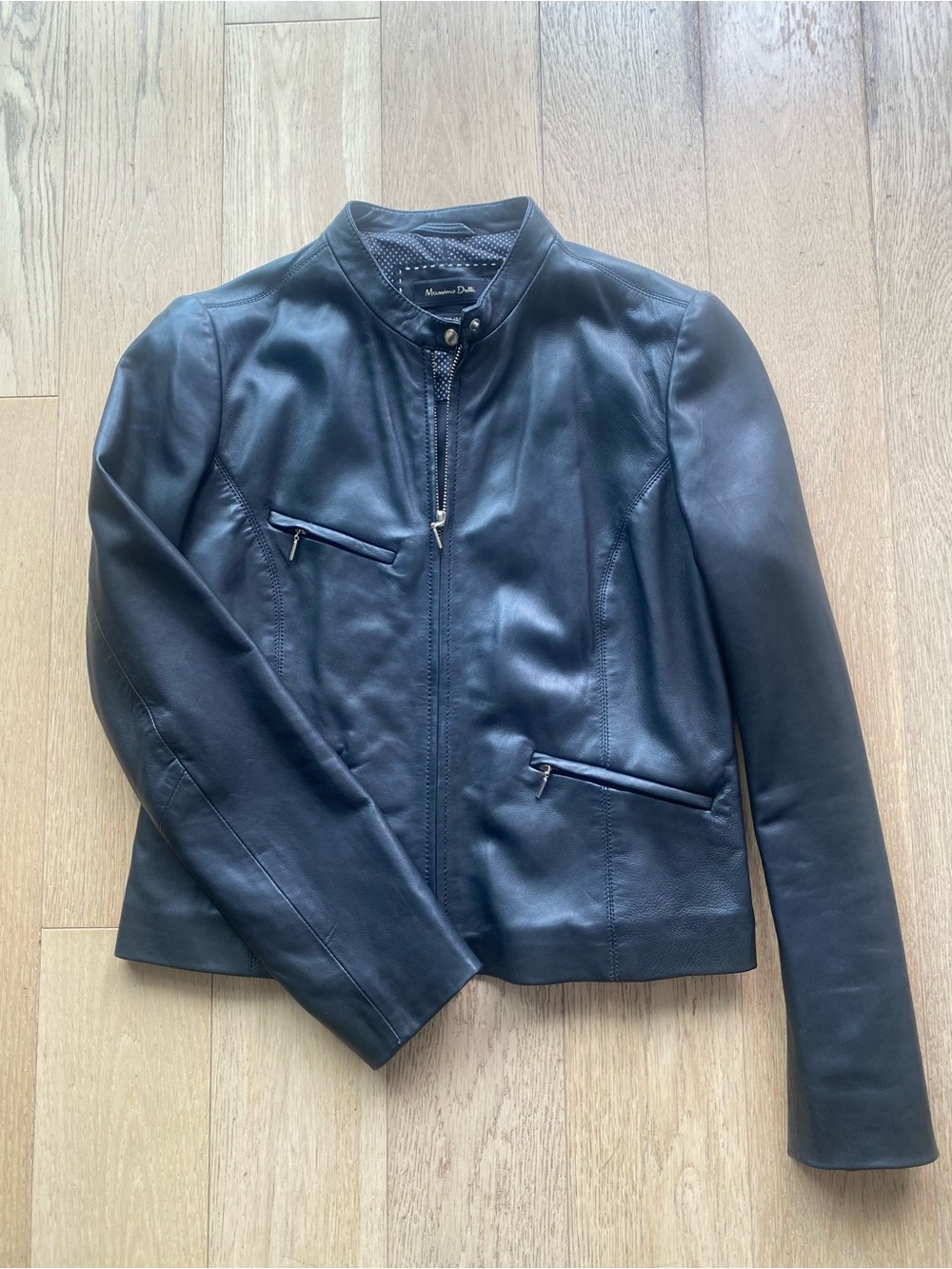 Massimo Dutti Natural Leather Mandarin Collar Biker Jacket Black Medium